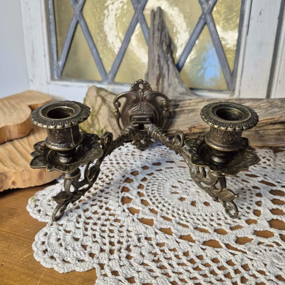 90s Vintage Aged Brass Wall Sconce Candlestick Holder - Picture 7 of 12